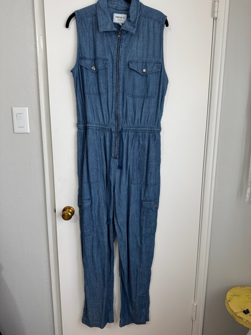 Forever 21 Sleeveless Zip-Front Blue Chambray Jumpsuit